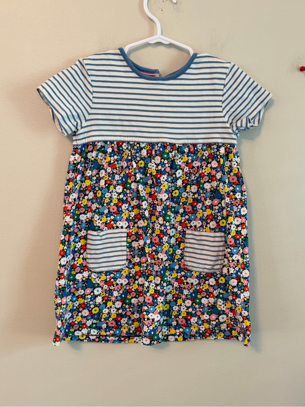 Baby Boden Blue Stripe & Floral Pocket Dress